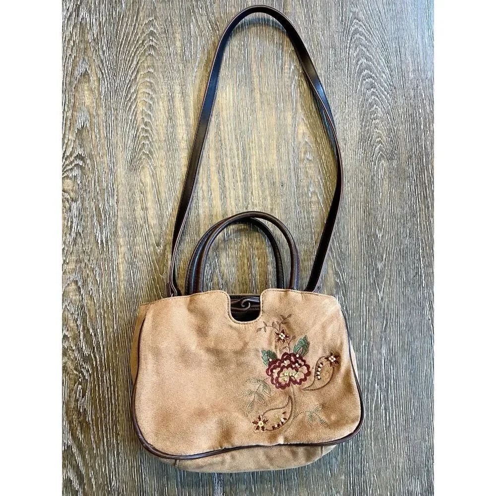 Liz Claiborne Shoulder Bag Medium Brown‎ Crossbody Boho Flower Embroidered VTG